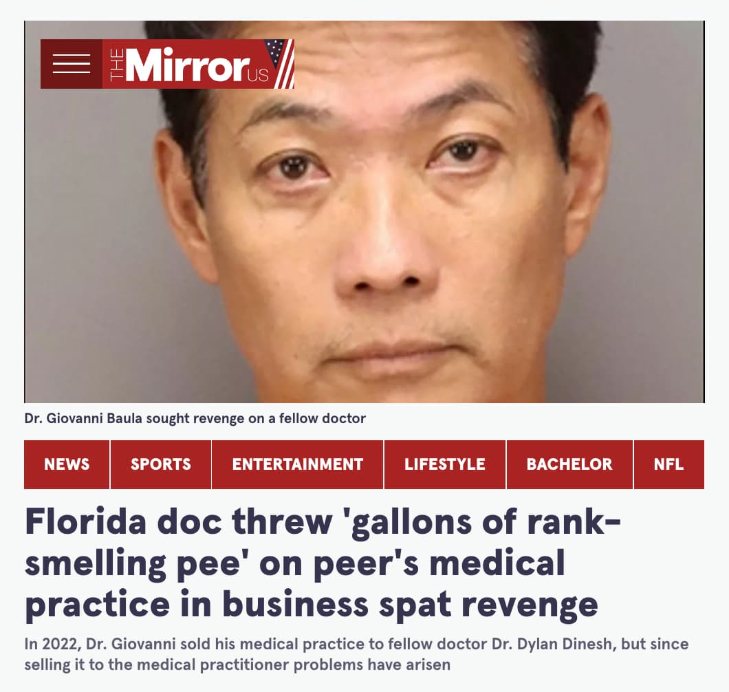 dr dylan dinesh - Us Dr. Giovanni Baula sought revenge on a fellow doctor News Sports Entertainment Lifestyle Bachelor Nfl Florida doc threw 'gallons of rank smelling pee' on peer's medical practice in business spat revenge In 2022, Dr. Giovanni sold his 